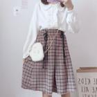 Ruffle Trim Blouse / High Waist Plaid A-line Skirt