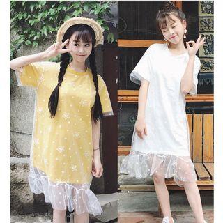 Mock Two-piece Embroidered Short-sleeve T-shirt Dress
