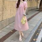 Puff-sleeve Square-neck Plain Midi Dress Pink - One Size