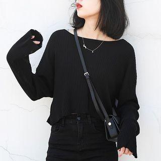 Long-sleeve Cropped Knit Top Black - One Size