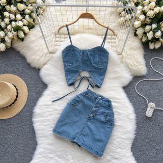 Set Of 2 : Suspender Denim Cropped Top + Medium Waist Single-breasted Skort