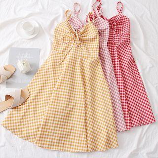 Drawstring Checked Mini Dress