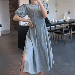 Plain High-waist Puff Sleeve Dress