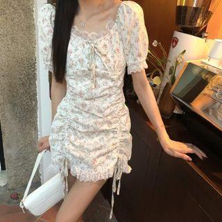 Short-sleeve Floral Print Drawstring Mini Dress Pink Floral - White - One Size