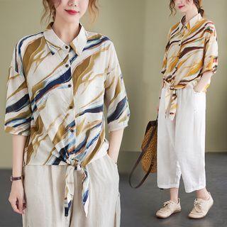Elbow-sleeve Print Linen Shirt