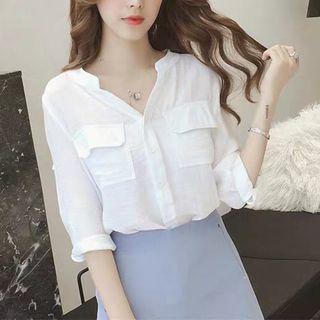Plain Pocket Detail 3/4-sleeve Blouse