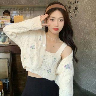 Set: Flower Embroidered Knit Cropped Camisole Top + Cardigan