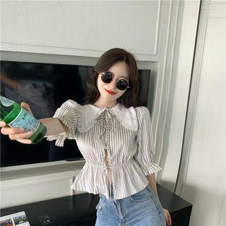 3/4-sleeve Wide Collar Striped Peplum Top Stripe - White - One Size