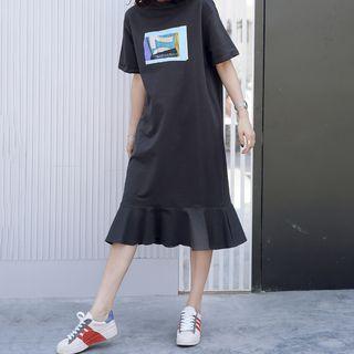 Elbow-sleeve Printed Frill Trim Midi T-shirt Dress