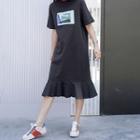 Elbow-sleeve Printed Frill Trim Midi T-shirt Dress