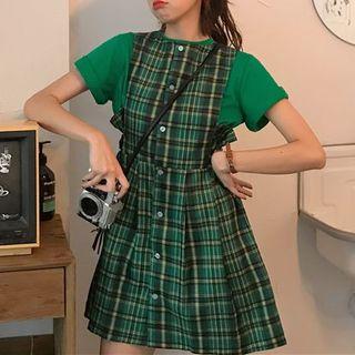 Short-sleeve T-shirt / Plaid Midi Jumper Dress