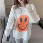 Smiley Face Printed Sweater White - One Size