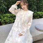 Long-sleeve Ruffle Trim Lace Dress White - One Size