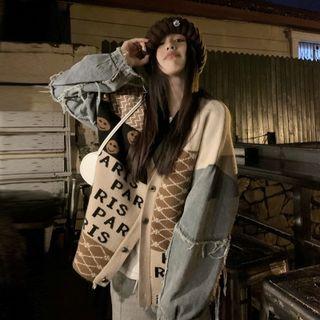Lettering Distressed Denim Panel Cardigan Khaki & Beige - One Size