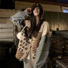 Lettering Distressed Denim Panel Cardigan Khaki & Beige - One Size