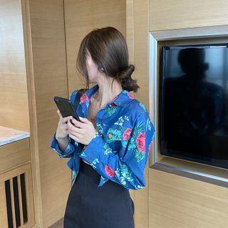 Floral Denim Cropped Jacket Dark Blue - One Size