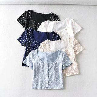 Floral Print Buttoned Short-sleeve Cropped Top