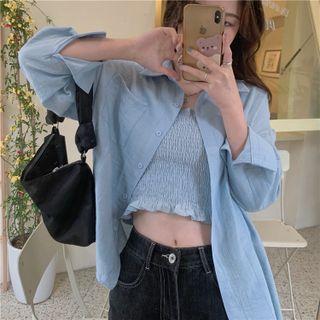 Long-sleeve Plain Shirt / Shirred Camisole Top