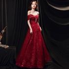 Short-sleeve Off-shoulder Glittered A-line Evening Gown