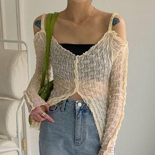 Long-sleeve Cold-shoulder Slit Crinkle Top