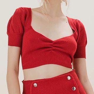 Plain Puff-sleeve Shirred Knit Cropped Top