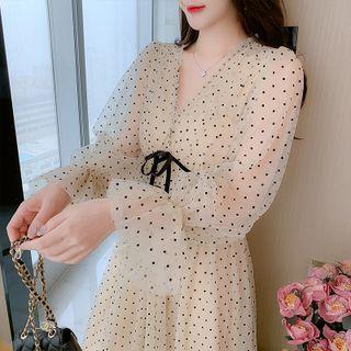 Balloon-sleeve Polka Dot A-line Midi Dress