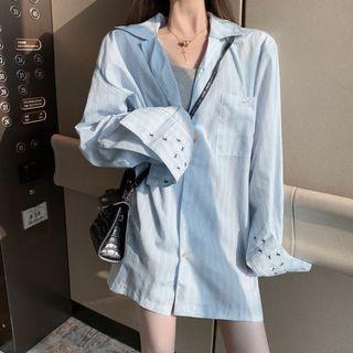 Embroidered Cuff Long-sleeve Striped Shirt Blue - Shirt - One Size