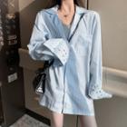 Embroidered Cuff Long-sleeve Striped Shirt Blue - Shirt - One Size