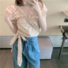 Puff-sleeve V-neck Floral Cropped Blouse Almond Flower - White - One Size
