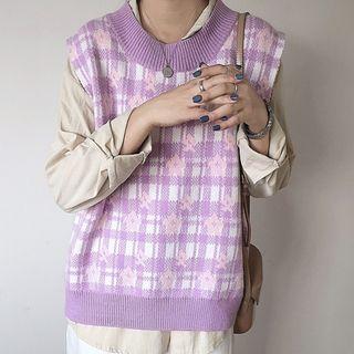 Plaid Floral Knit Vest