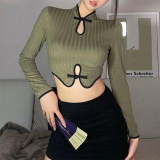 Long-sleeve Frog-button Cutout Crop Top