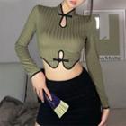 Long-sleeve Frog-button Cutout Crop Top