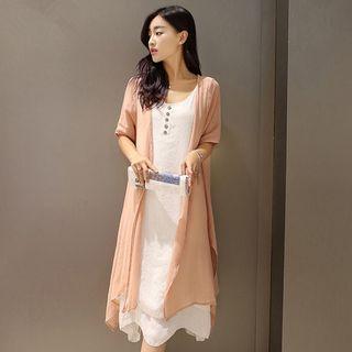 Set: Linen Cotton Short-sleeve Top + Linen Cotton Dress