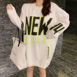 Lettering Long-sleeve Loose-fit Dress White - One Size