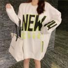 Lettering Long-sleeve Loose-fit Dress White - One Size