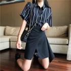Striped Loose-fit Short-sleeve Shirt / Plain Irregular Skirt