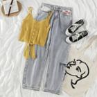 Knit Camisole / Distressed Straight-fit Jeans