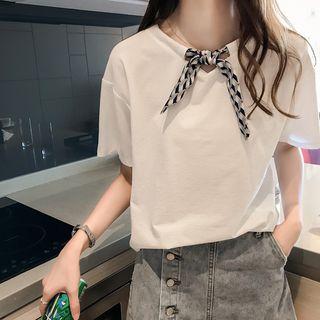 Short-sleeve Plaid Bow-knot T-shirt