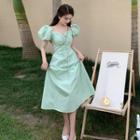 Puff-sleeve Lace-up Plain Dress Dress - Green - One Size