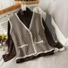 Set: Cowl-neck Plain T-shirt + Button-down Knit Vest