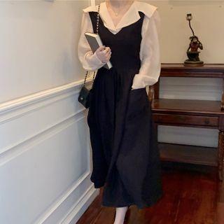 Notch Lapel Blouse / Midi A-line Pinafore Dress