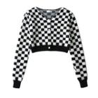 Checkerboard Long-sleeve Cropped Knit Cardigan