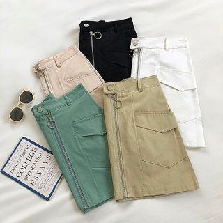 Plain High-waist Zipper Cargo A-line Skirt