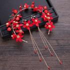 Set: Bridal Rhinestone Flower Head Band + Dangle Clip-on Earring Red - One Size