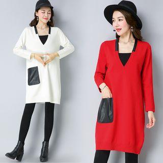 Faux Leather Panel V-neck Long Sleeve Sweater Dress