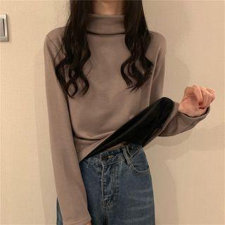 Plain Mock-turtleneck Fleece Lined Long-sleeve Top