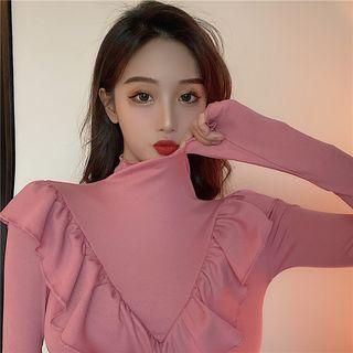 Long-sleeve Turtle-neck Ruffle T-shirt