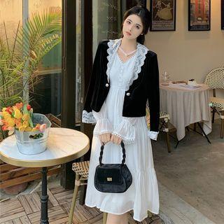 Lace Panel Cropped Blazer / V-neck Midi A-line Dress