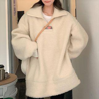 Fleece Mock Neck Plain Half Zip Sweatshirt Off-white - One Size