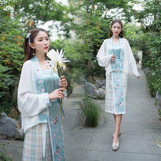 Set: Embroidered Light Jacket + Spaghetti Strap Top + Embroidered Plaid Midi Wrap Skirt